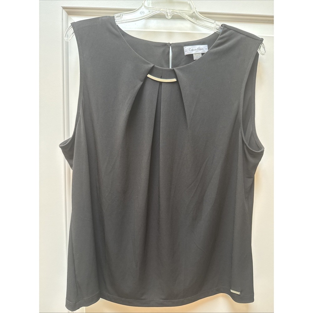 Calvin Klein Sleeveless Blouse Women's 1X Gold Tone Metal Detail Pleated